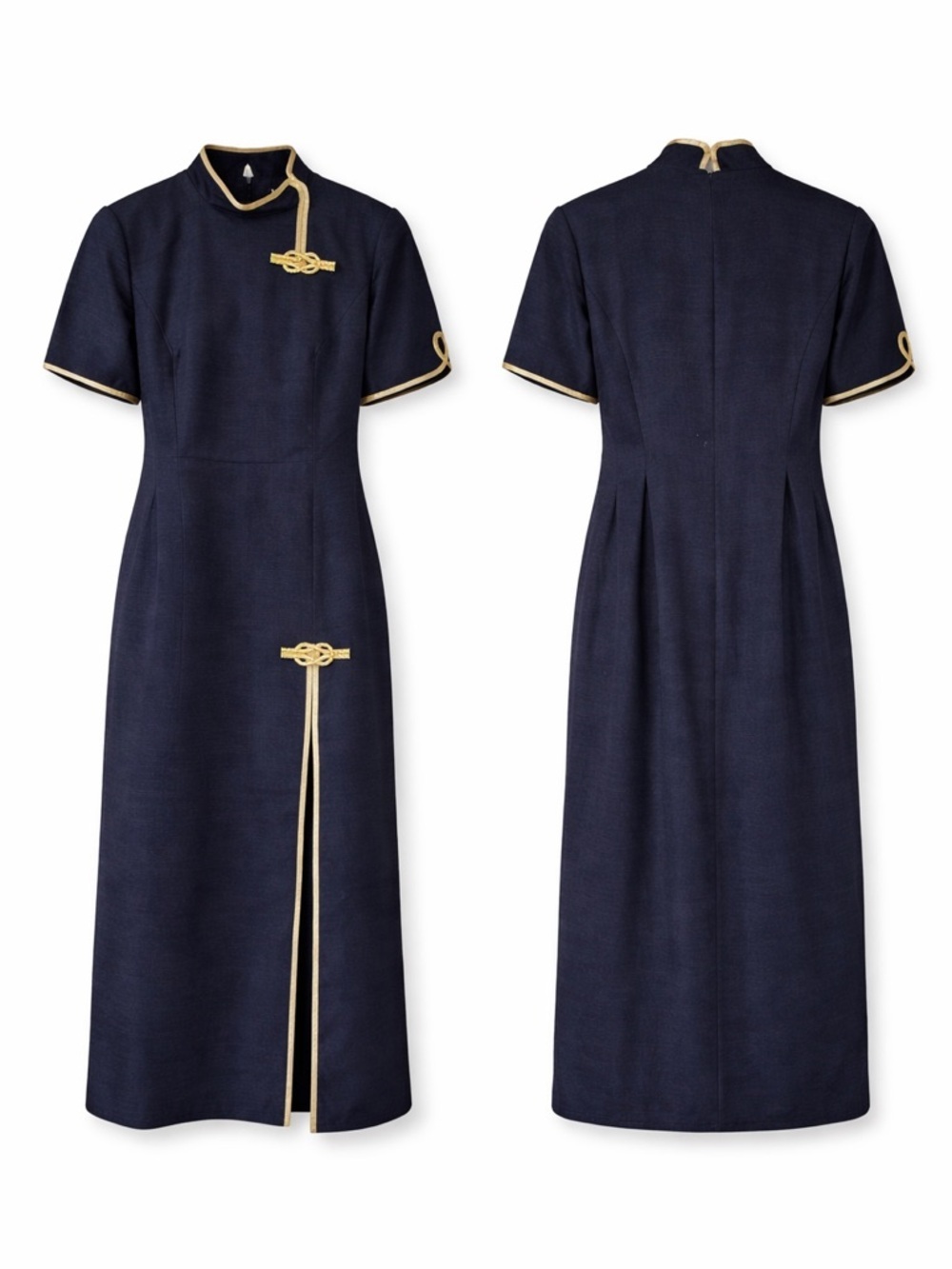 Women’s Navy Blue Dress with Gold Trim - Elegant Short Sleeve Cheongsam Style - Picture 1 of 2